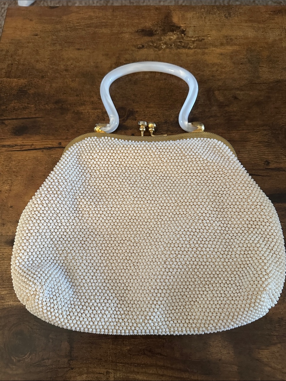 Vintage Cream Beaded Lucite Top-Handle Women's Bag - Picture 2 of 6